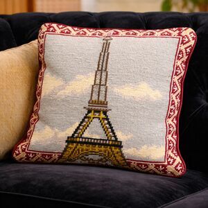 Vintage Needlepoint Eiffel Tower Pillow | Paris Decor Accent Pillow